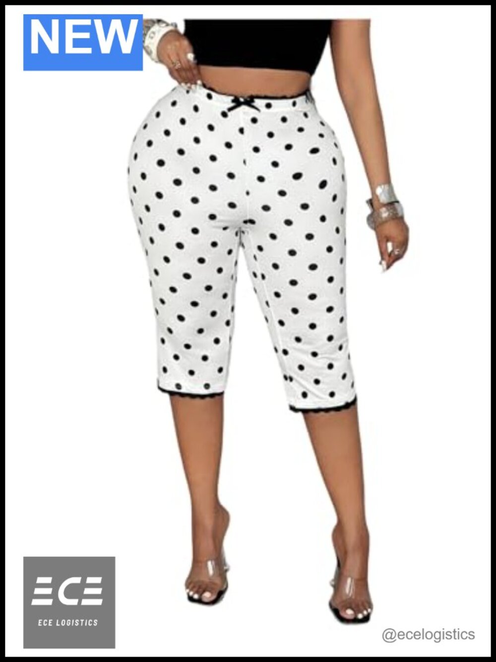 Plus Size Polka Dots Capris Lace Trim Skinny Yoga Pants